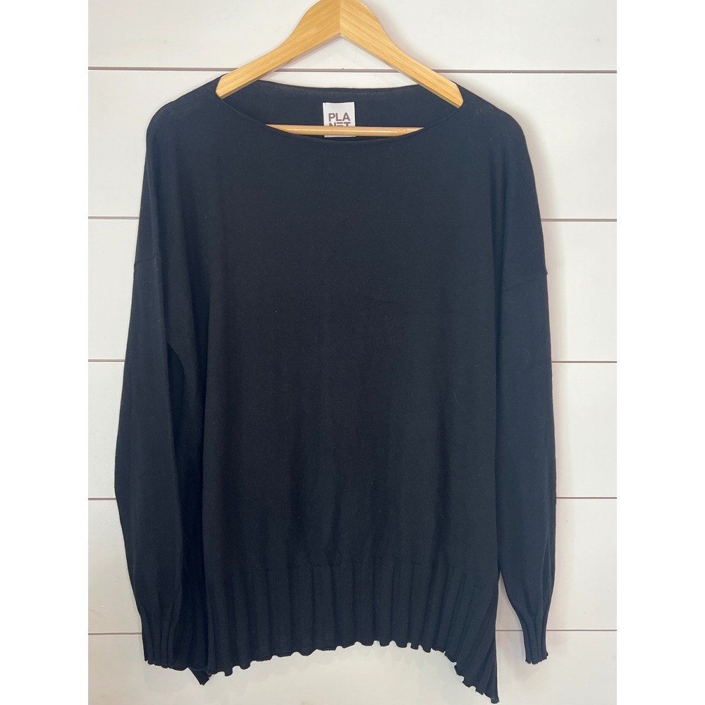 Planet by Lauren G Black Pima Cotton Modal Ribbed Hem Oversized Sweater OSFA